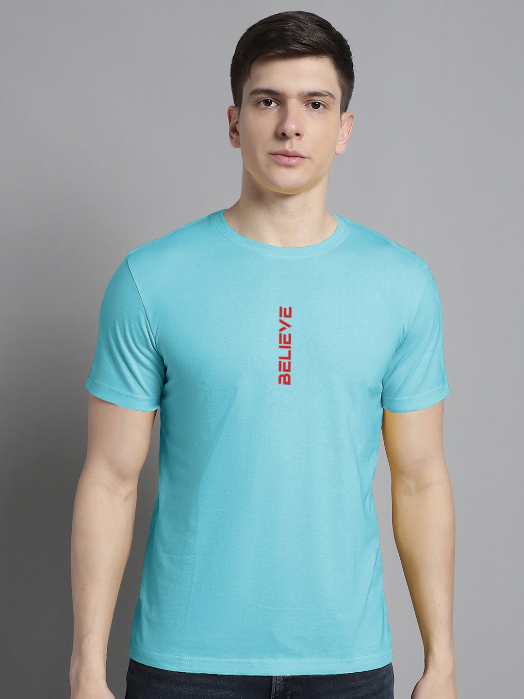 

FBAR Typography Printed Round Neck Cotton T-shirt, Turquoise blue