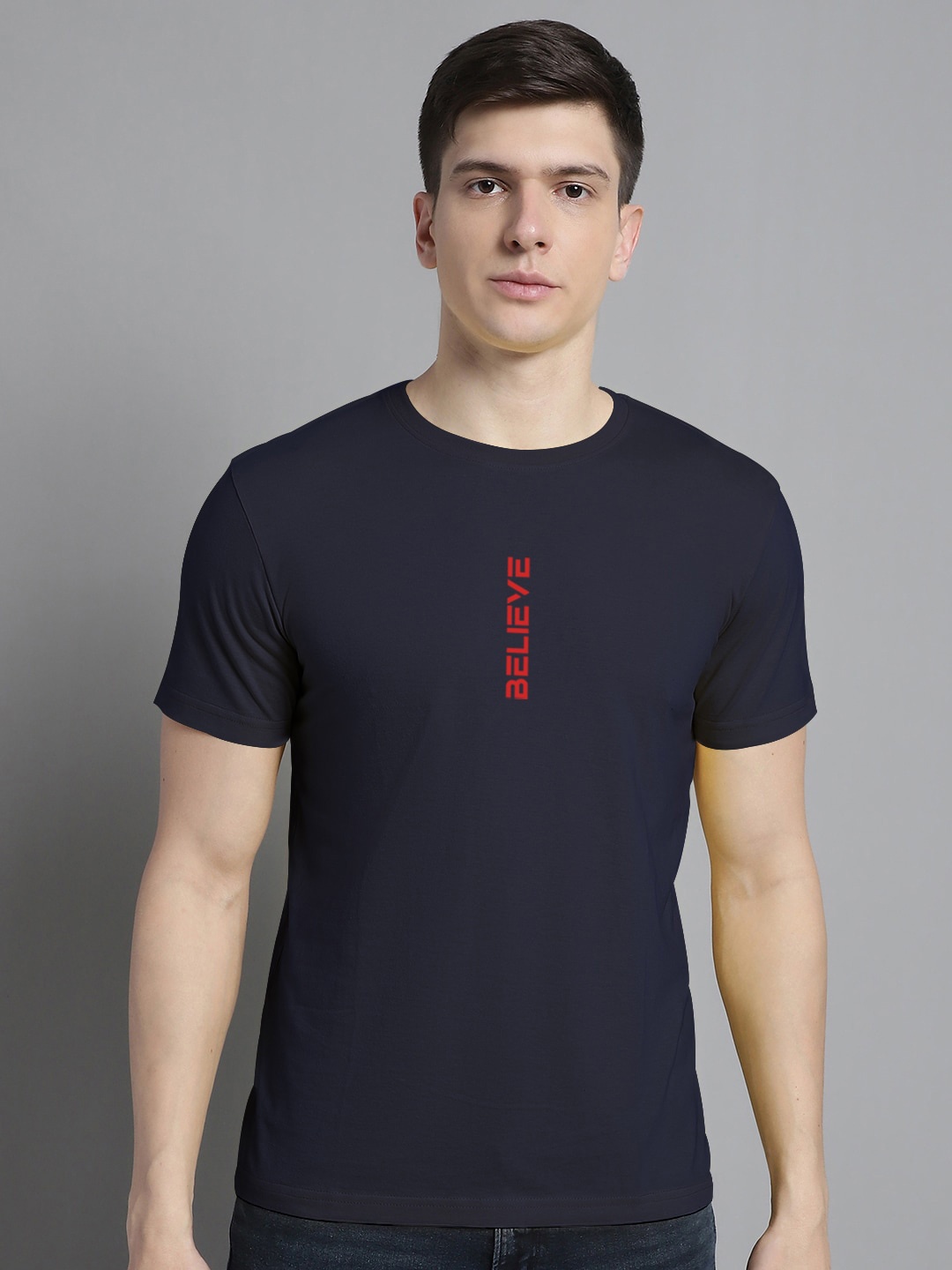 FBAR Typography Printed Round Neck Cotton T-shirt, Navy blue