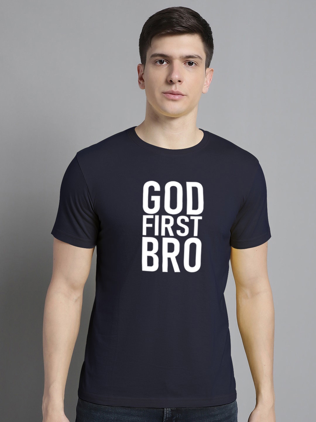 FBAR Typography Printed Round Neck Bio Wash Cotton T-shirt, Navy blue