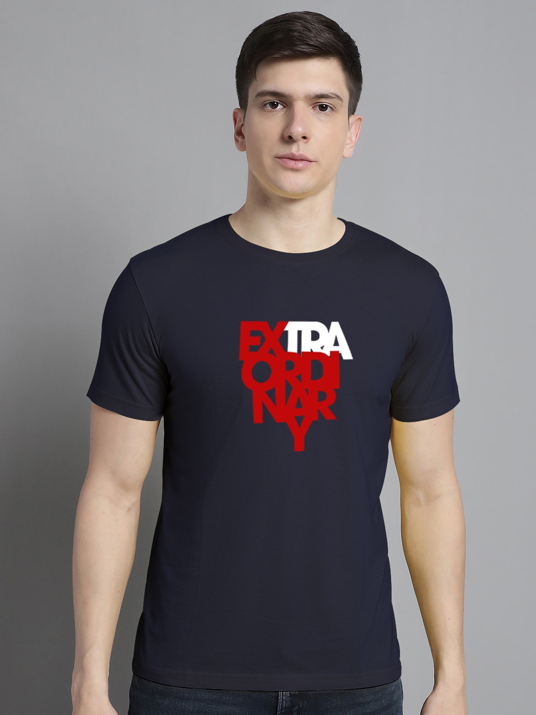 

FBAR Typography Printed Round Neck Bio Wash Cotton T-shirt, Navy blue