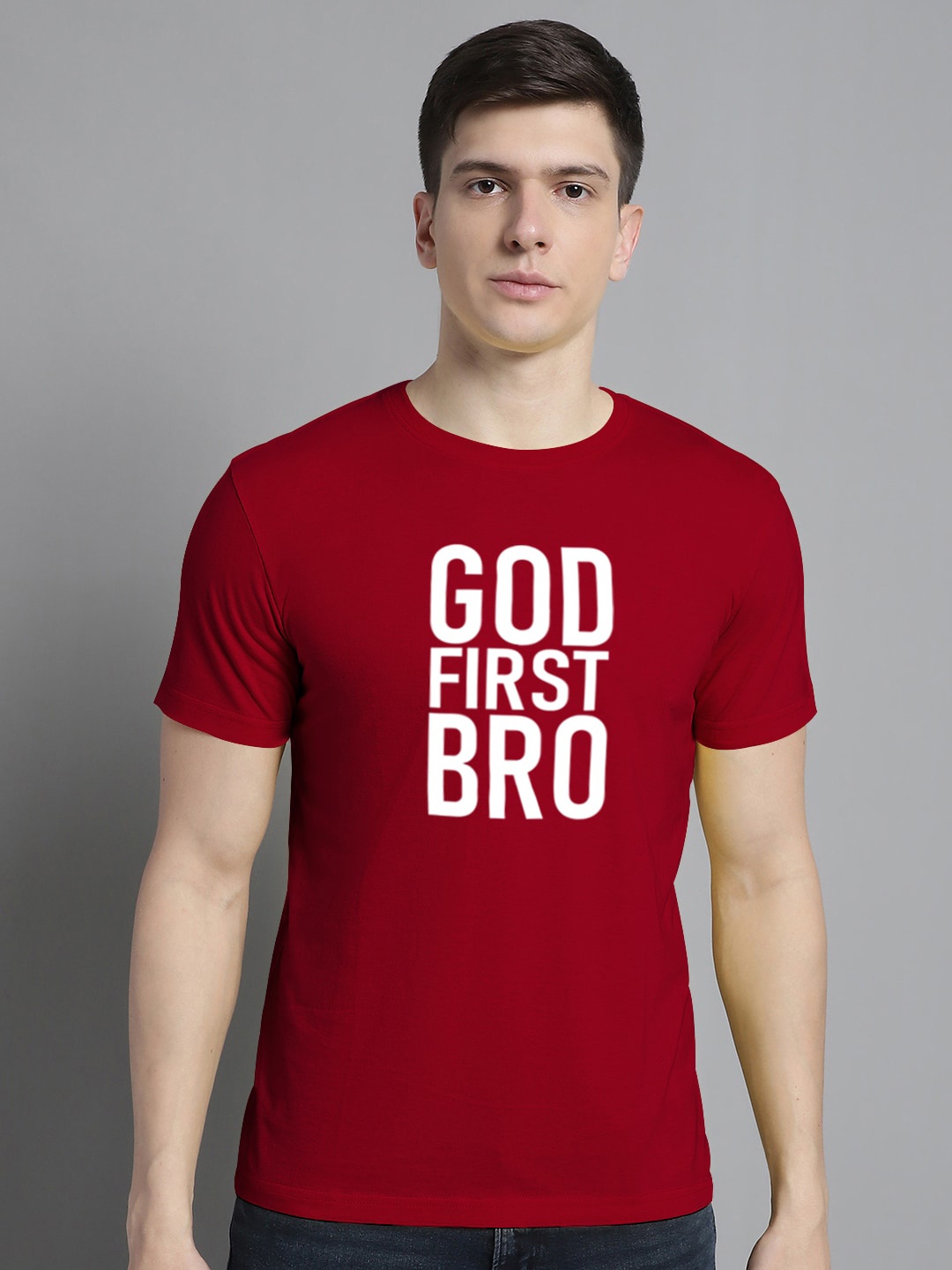 

FBAR Typography Printed Round Neck Bio Wash Cotton T-shirt, Maroon