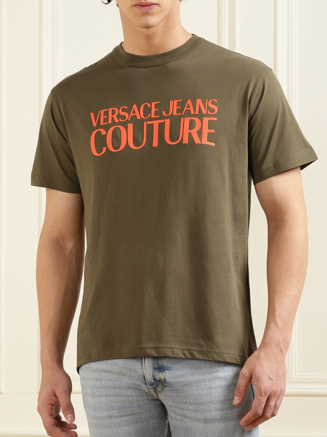 

Versace Jeans Couture Typography Printed Pure Cotton T-shirt, Olive