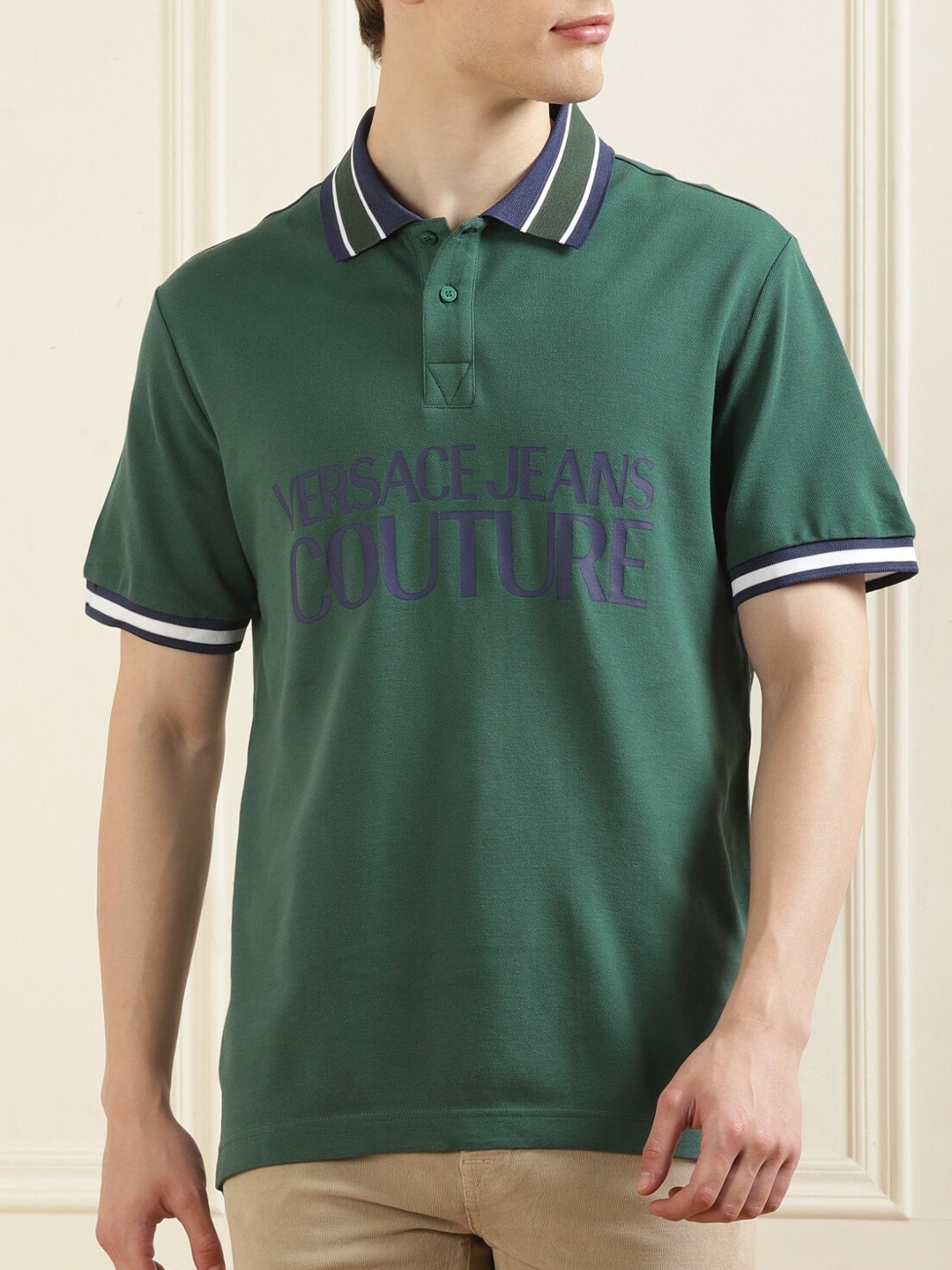 

Versace Jeans Couture Typography Printed Polo Collar Pure Cotton T-shirt, Green