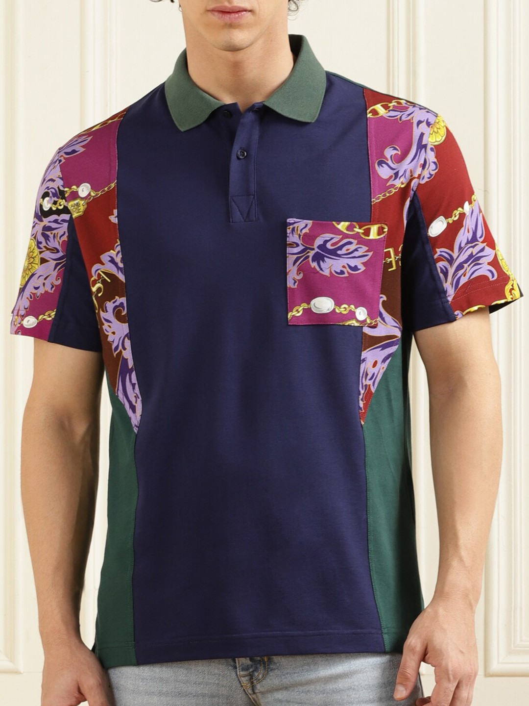 

Versace Jeans Couture Colourblocked Polo Collar Pure Cotton T-shirt, Blue