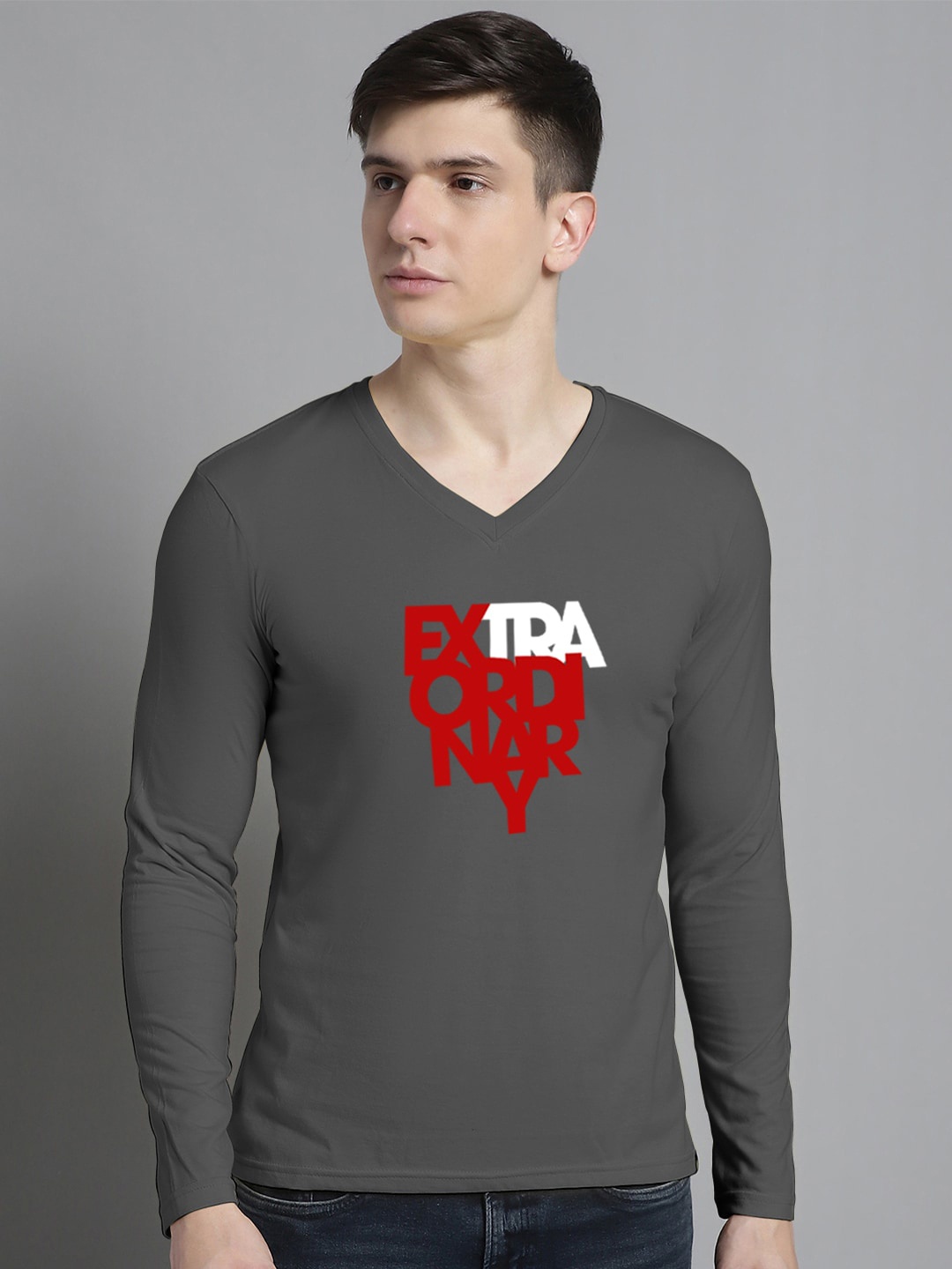 

FBAR Typography Printed V-Neck Cotton Slim Fit T-shirt, Grey