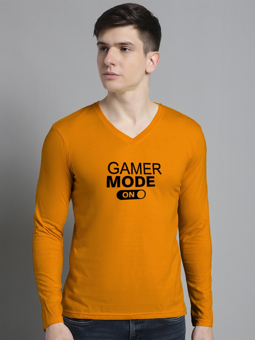 

FBAR Typography Printed V-Neck Cotton Slim Fit T-shirt, Mustard