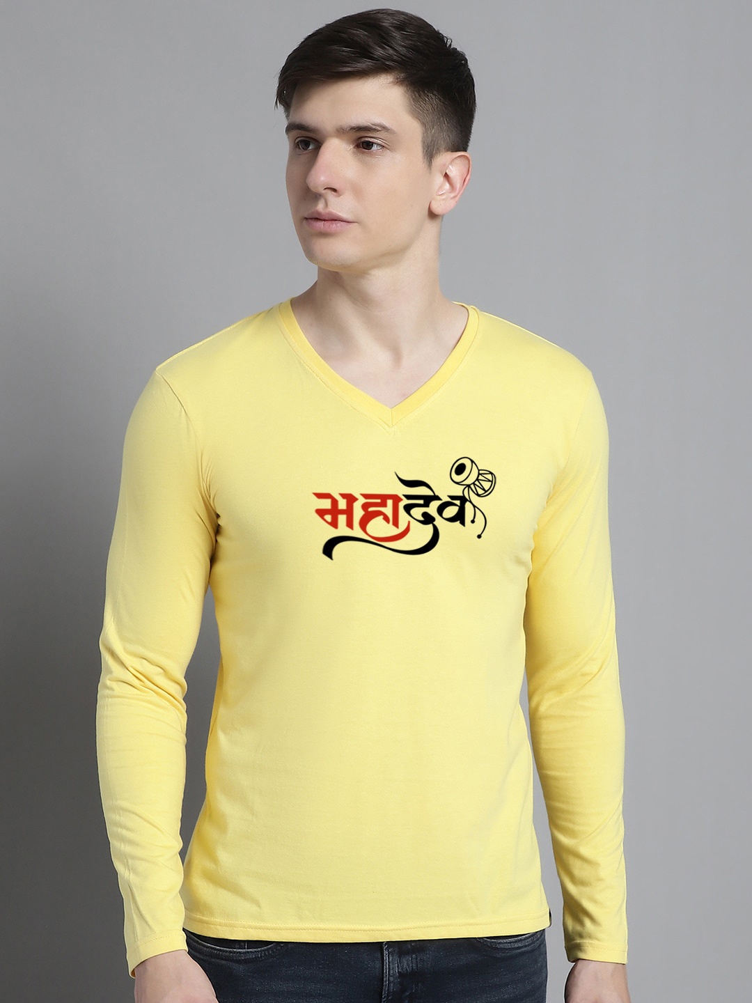 

FBAR Typography Printed V-Neck Cotton Slim Fit T-shirt, Yellow