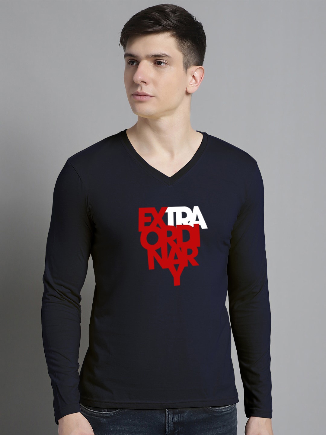 

FBAR Typography Printed V-Neck Cotton T-Shirt, Navy blue
