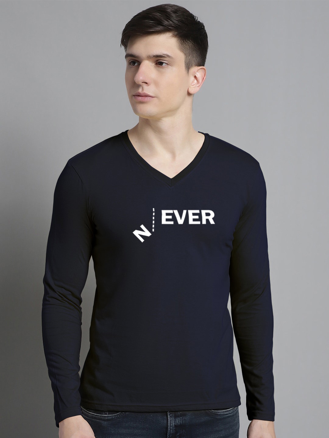 

FBAR Typography Printed V-Neck Cotton T-Shirt, Navy blue