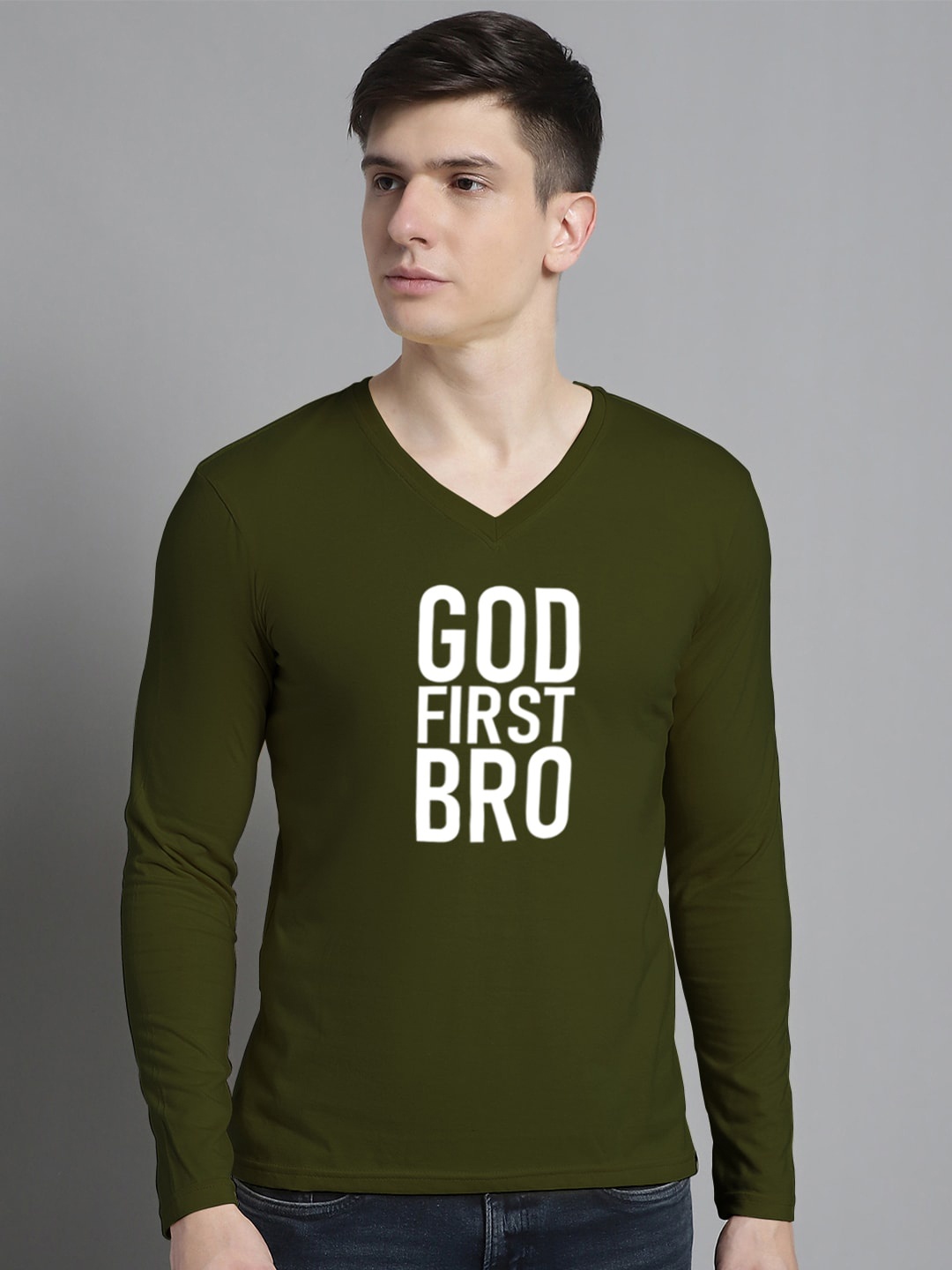 

FBAR Typography Printed V-Neck Cotton Slim Fit T-shirt, Olive