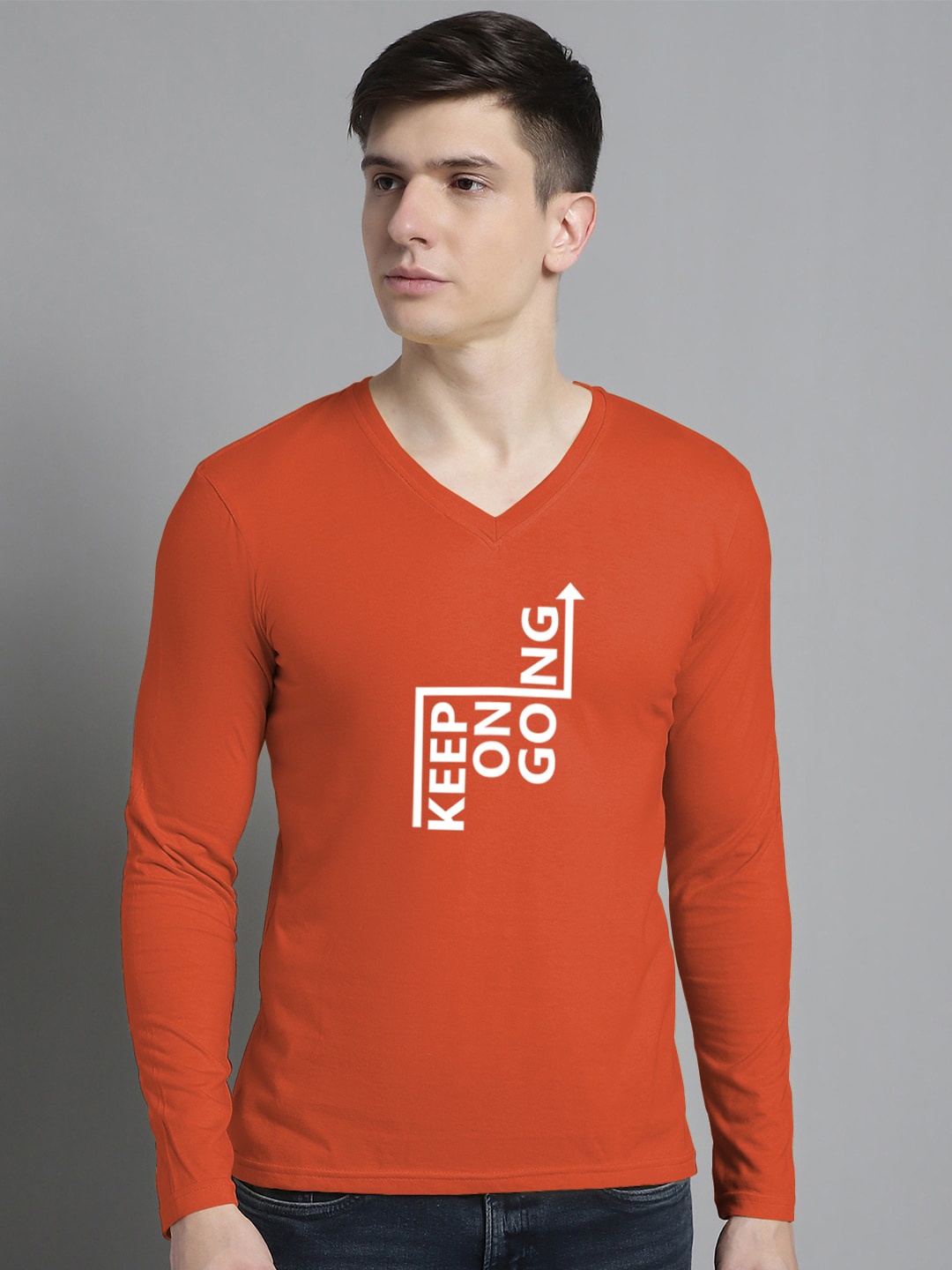 

FBAR Typography Printed V-Neck Slim Fit Cotton T-shirt, Orange