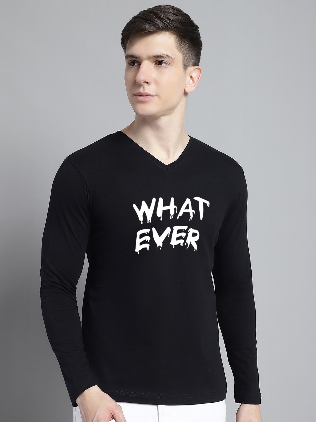 

FBAR Typography Printed V-Neck Cotton Slim Fit T-shirt, Black