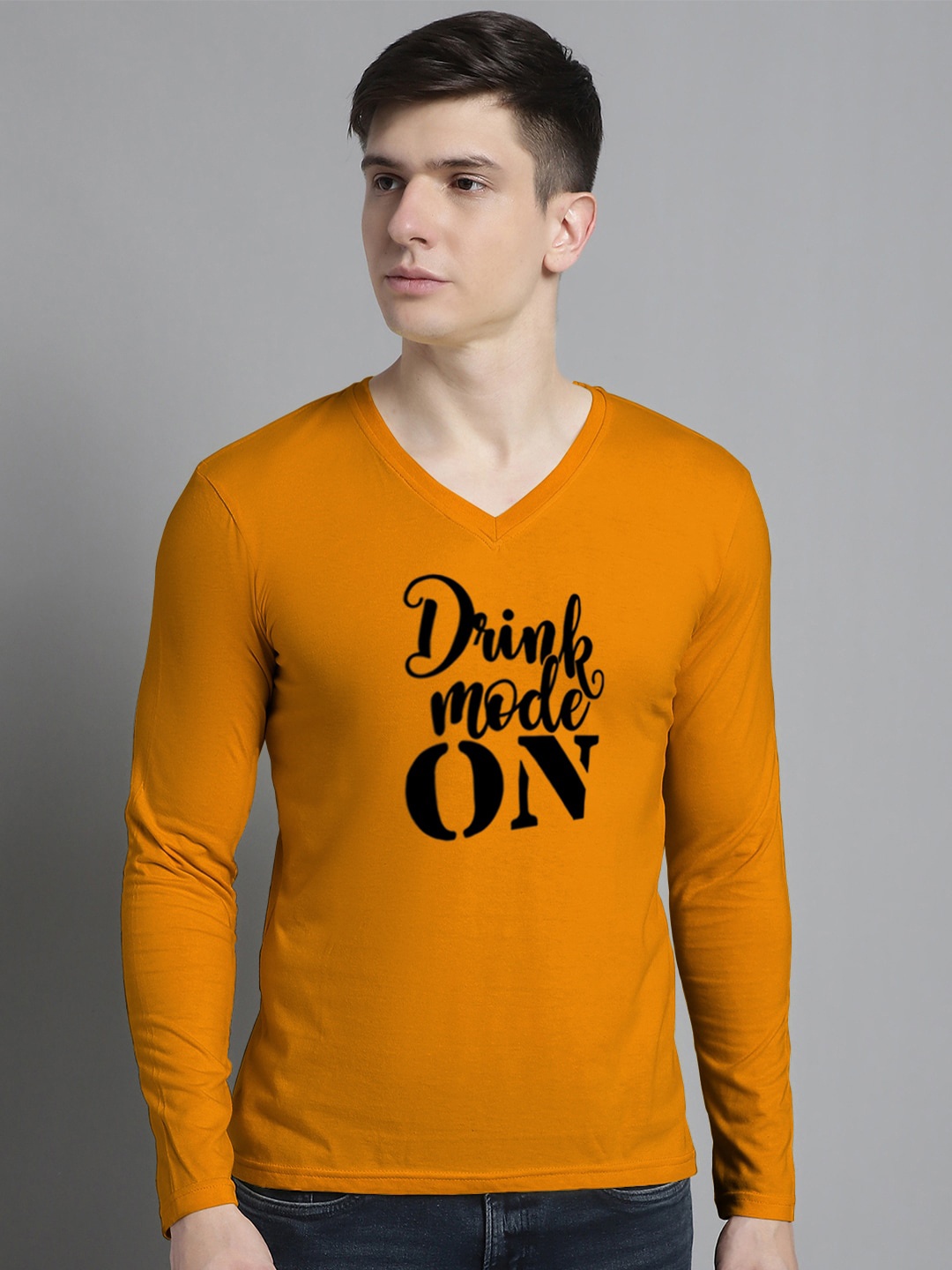 

FBAR Typography Printed V-Neck Full Sleeve Cotton Slim Fit T-shirt, Gold