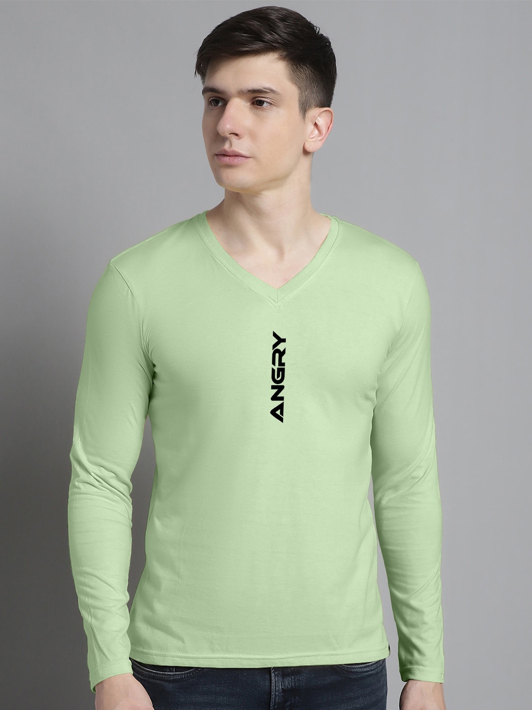 

FBAR Typography Printed V-Neck Full Sleeve Cotton Slim Fit T-shirt, Sea green