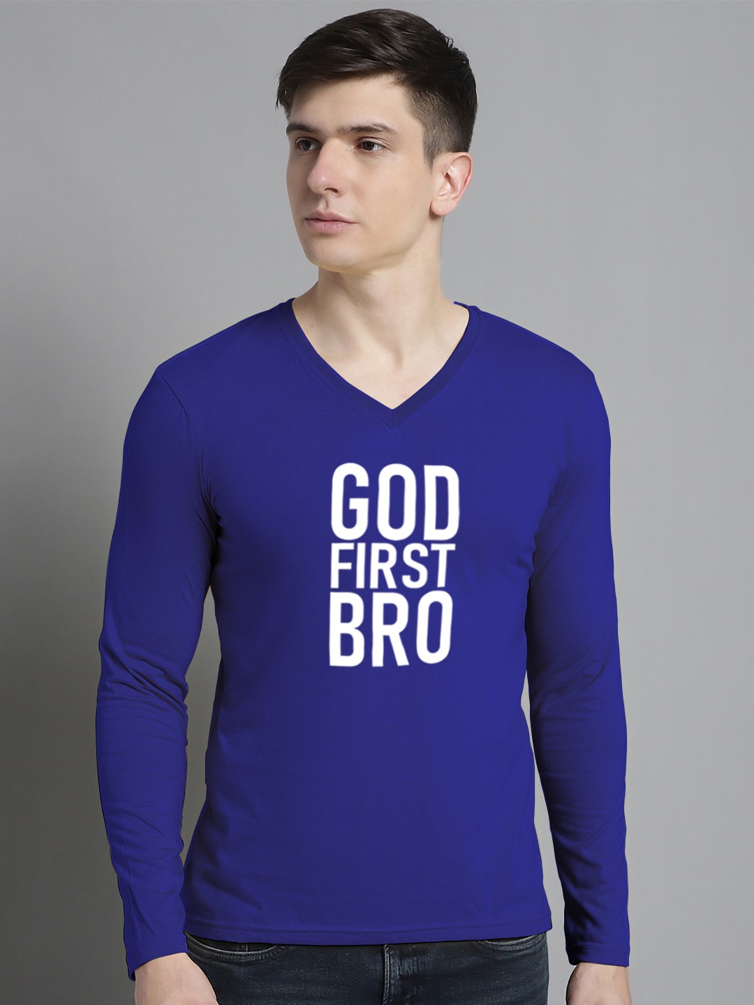 

FBAR Typography Printed V-Neck Cotton Slim Fit T-shirt, Blue