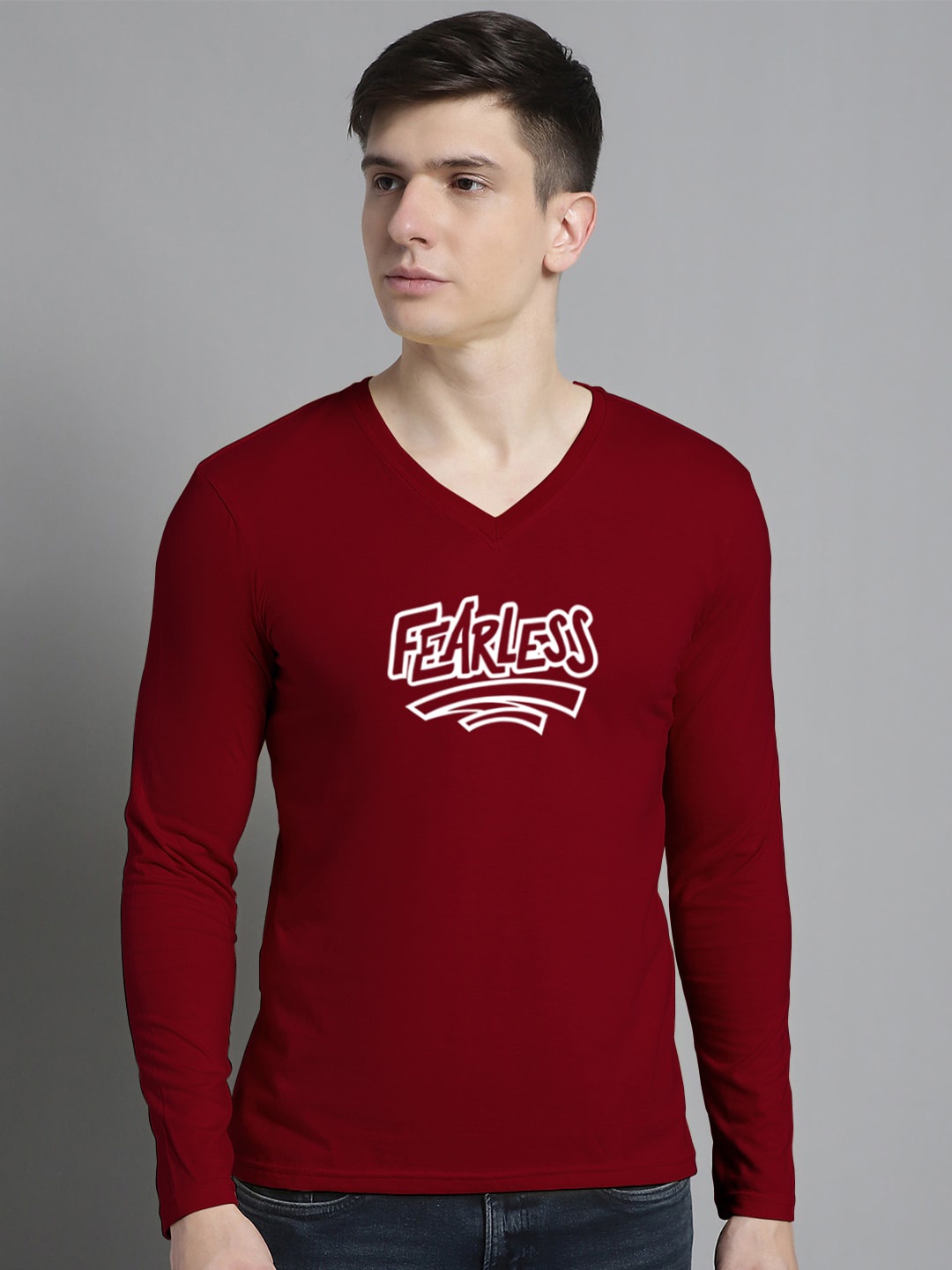 

FBAR Typography Printed V-Neck Slim Fit Cotton T-shirt, Maroon