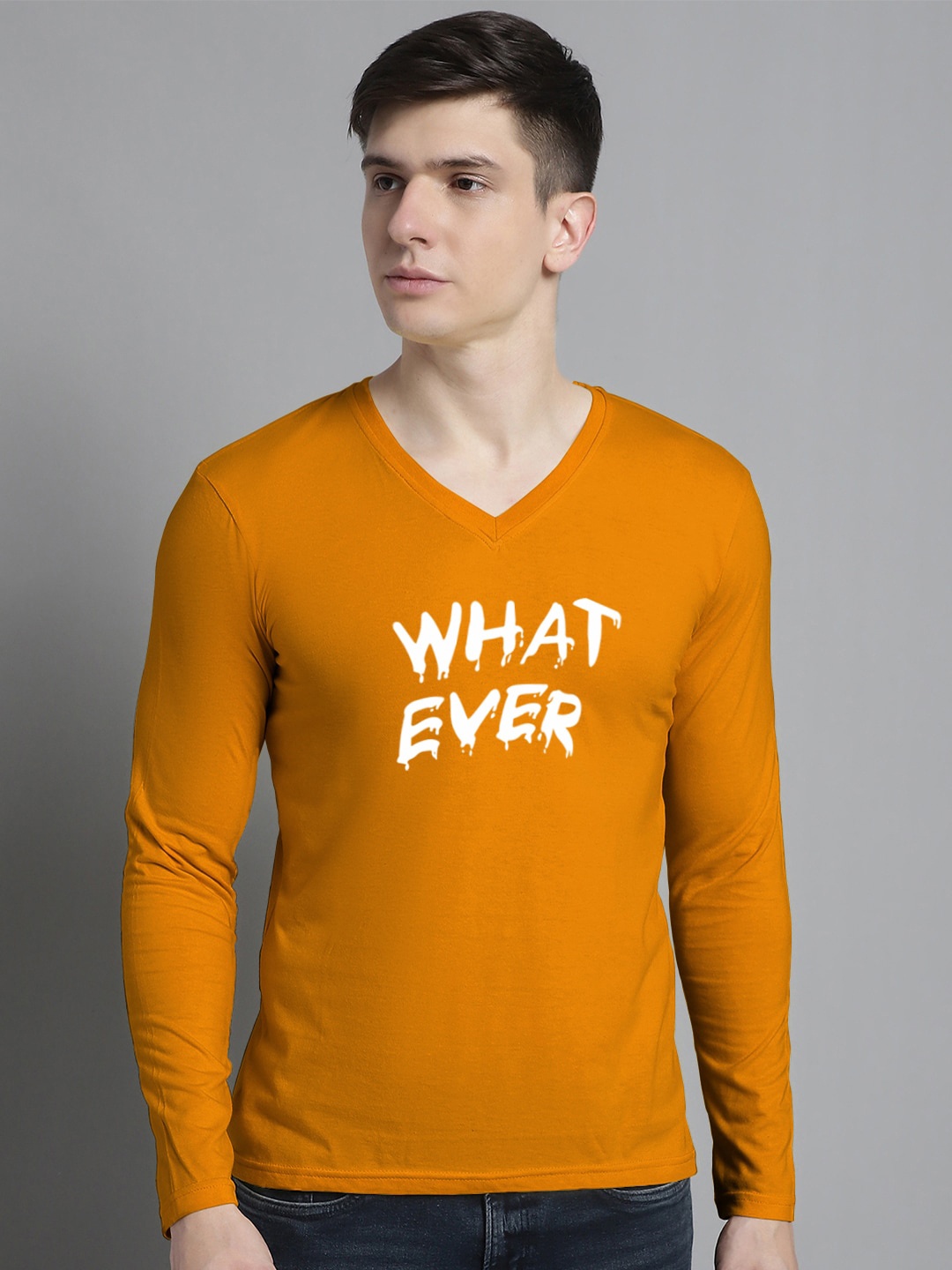 FBAR Typography Printed V-Neck Slim Fit Cotton T-shirt, Gold