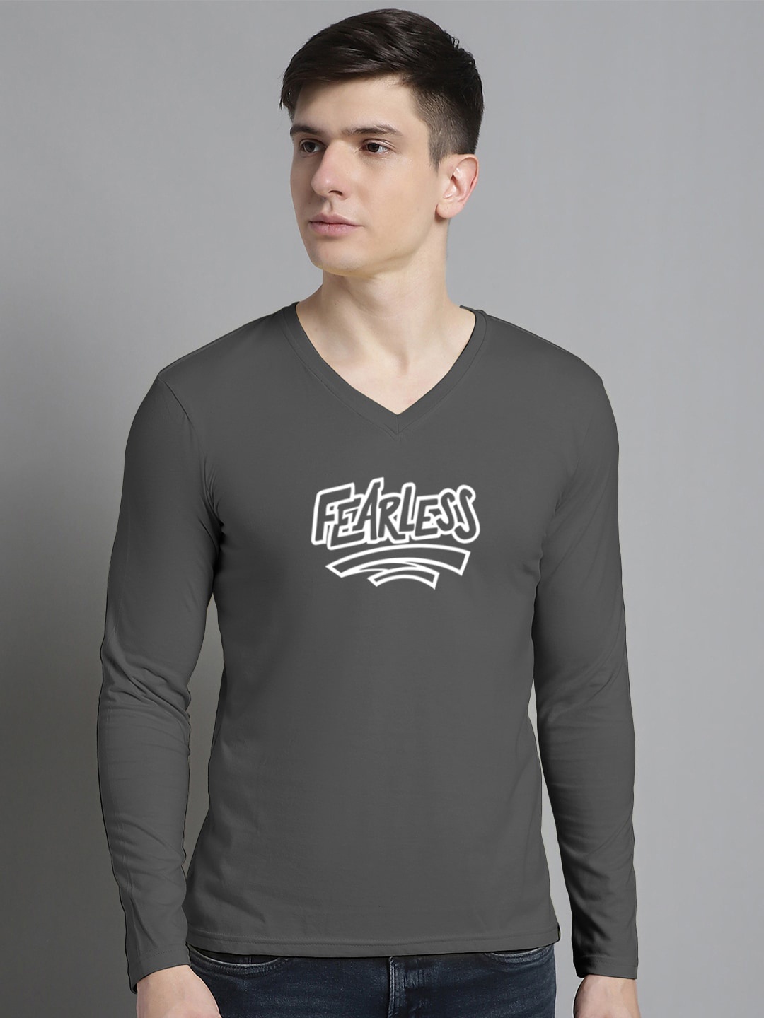 FBAR Typography Printed V-Neck Full Sleeve Cotton Slim Fit T-shirt, Grey