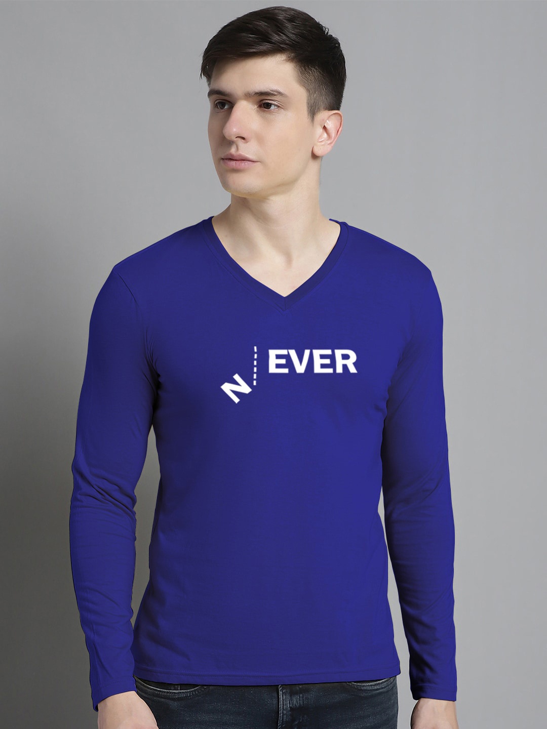 

FBAR Typography Printed V-Neck Cotton Slim Fit T-shirt, Blue