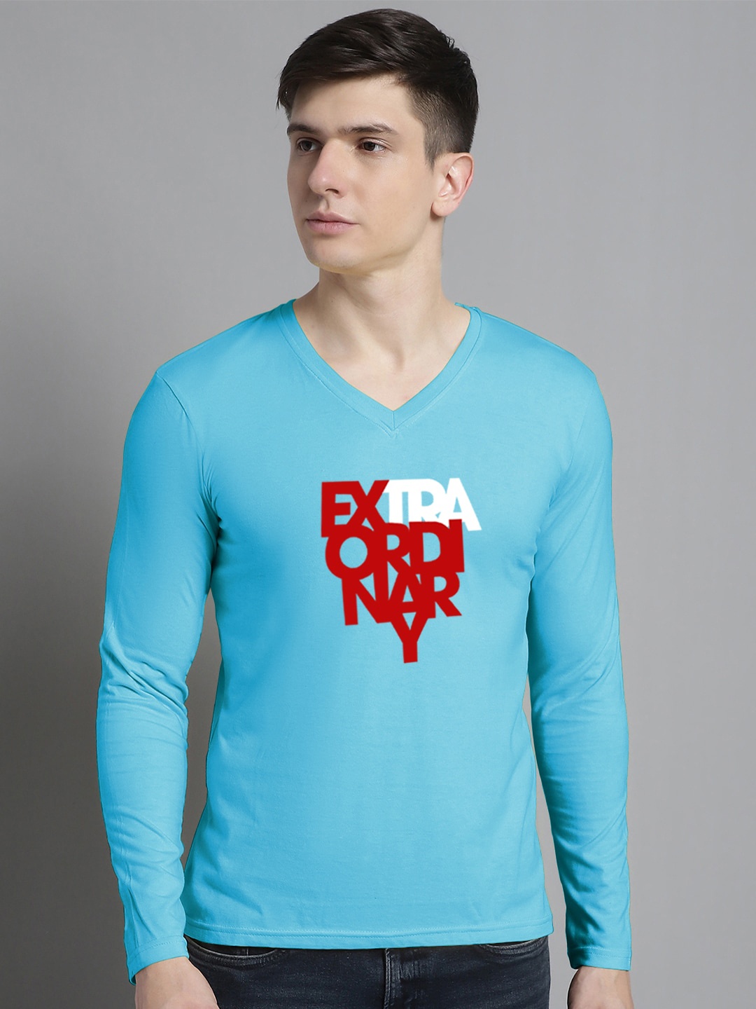 

FBAR Typographic Printed V-Neck Slim Fit Cotton T-shirt, Turquoise blue