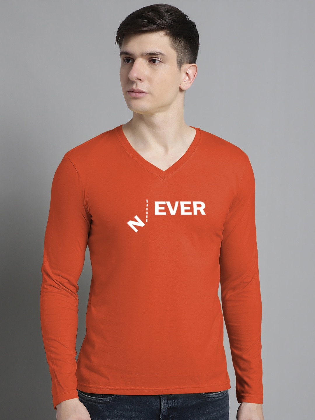 FBAR Typography Printed V-Neck Cotton Regular T-shirt, Orange