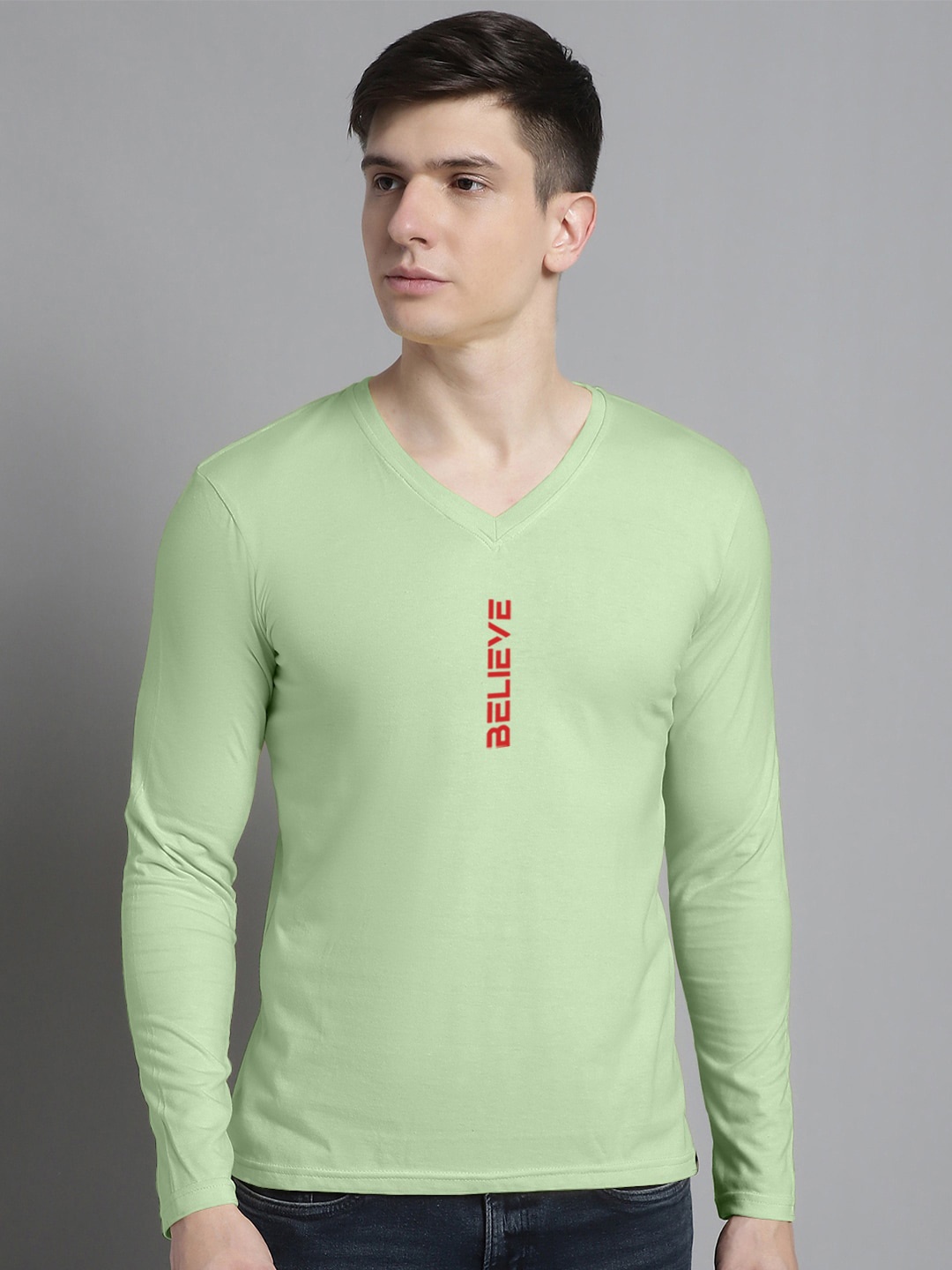 

FBAR Typography Printed V-Neck Cotton Slim Fit T-shirt, Sea green