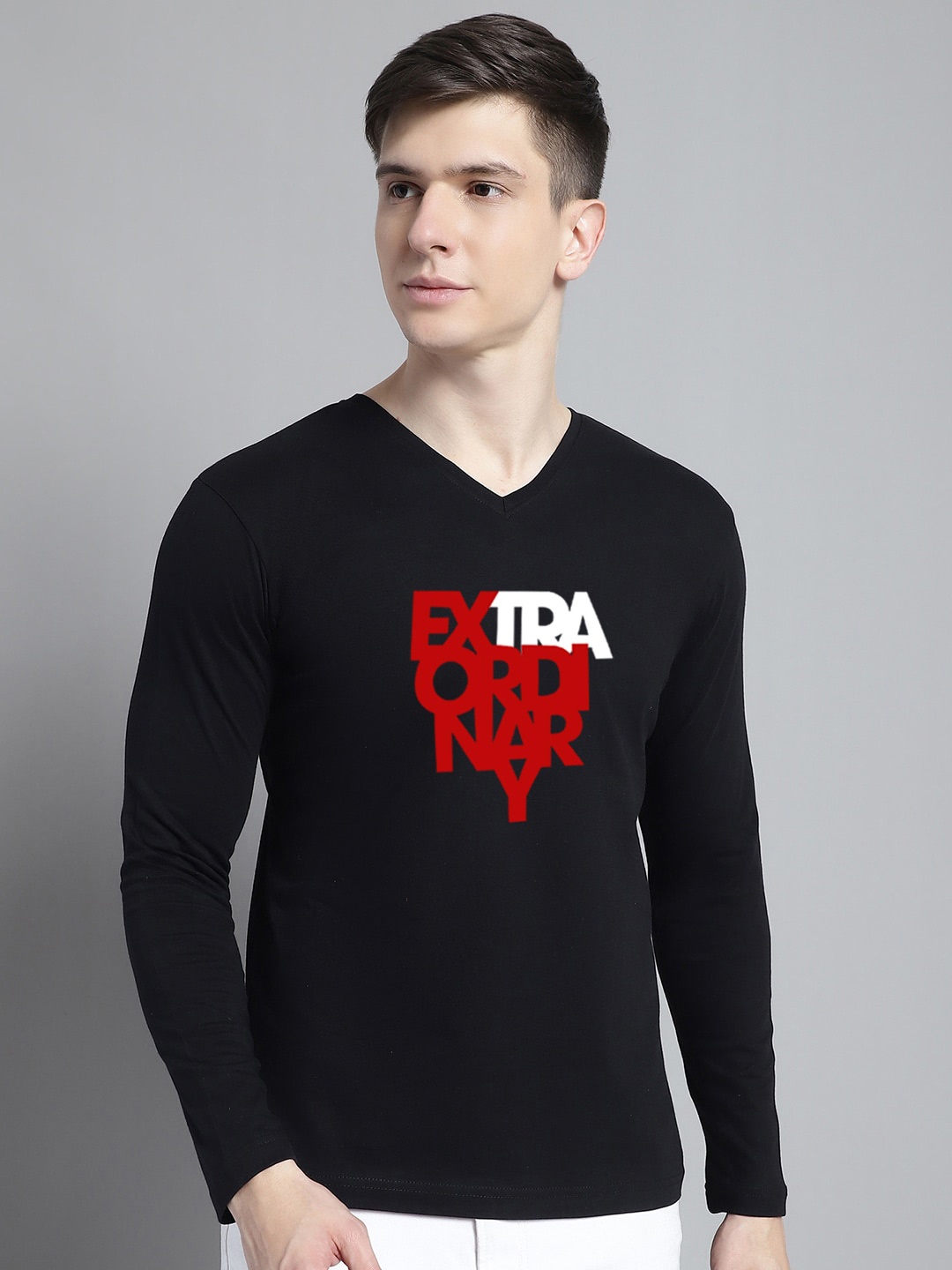 FBAR Typography Printed V-Neck Cotton Regular T-shirt, Black