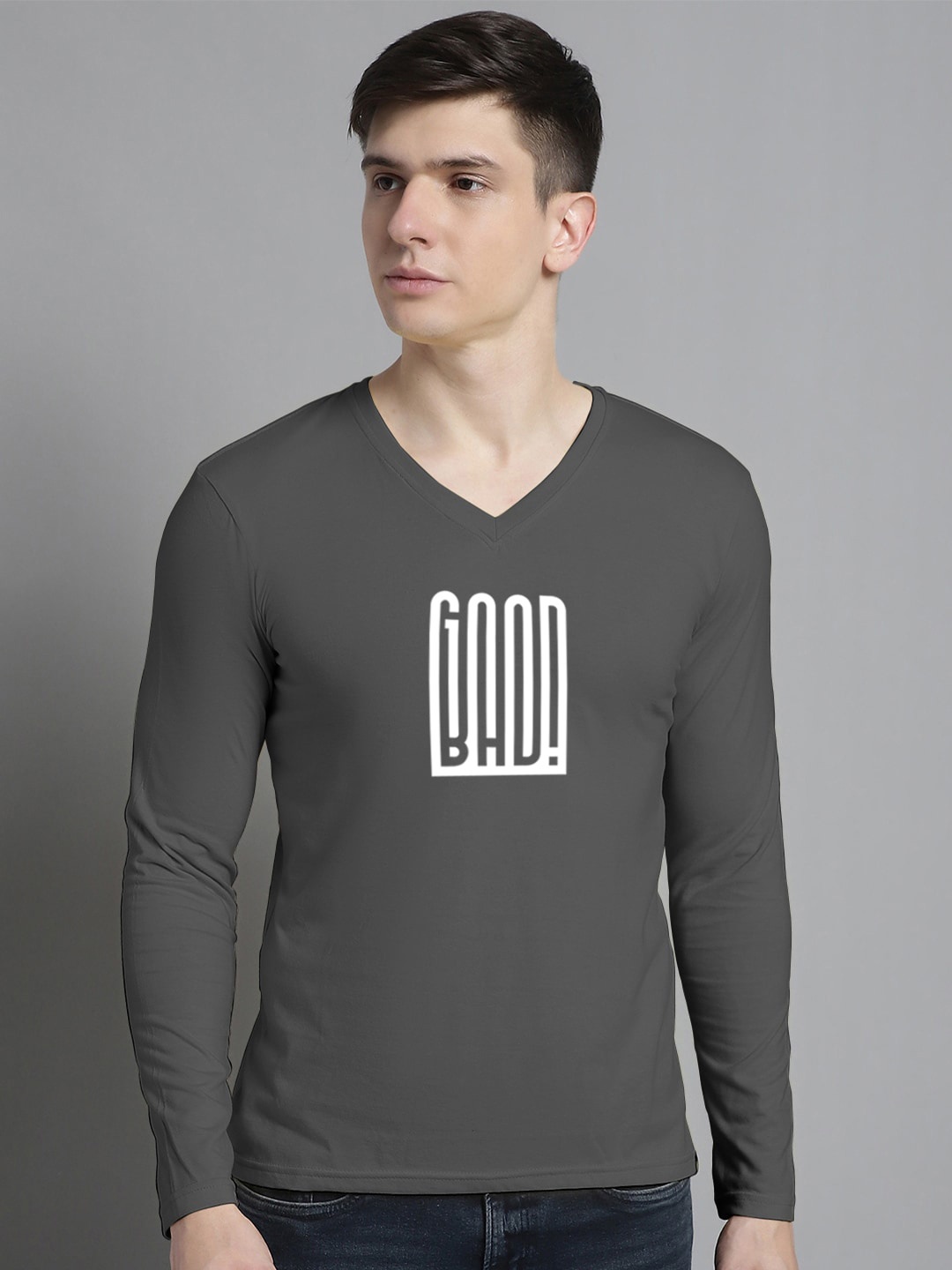 

FBAR Typography Printed V-Neck Cotton Slim Fit T-shirt, Grey