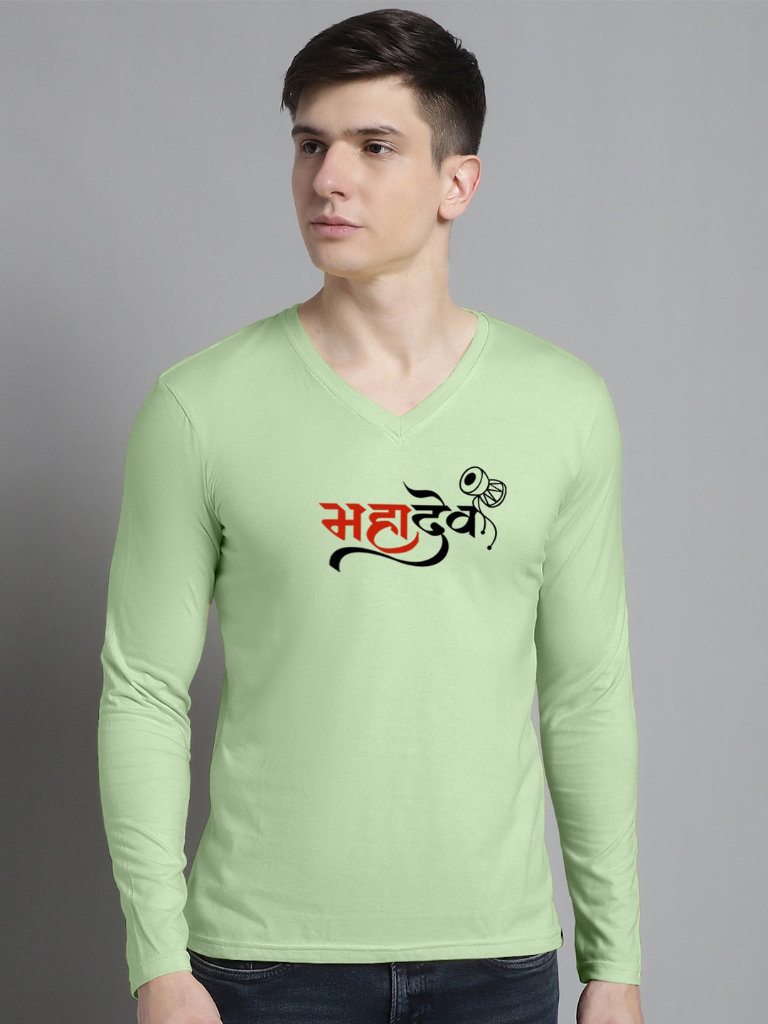 

FBAR Typography Printed V-Neck Slim Fit Cotton T-shirt, Sea green
