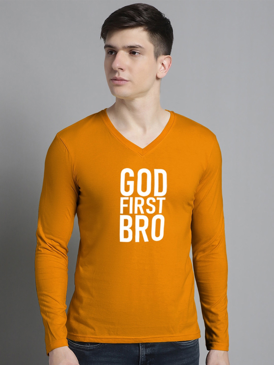 

FBAR Typography Printed V-Neck Cotton Slim Fit T-shirt, Mustard