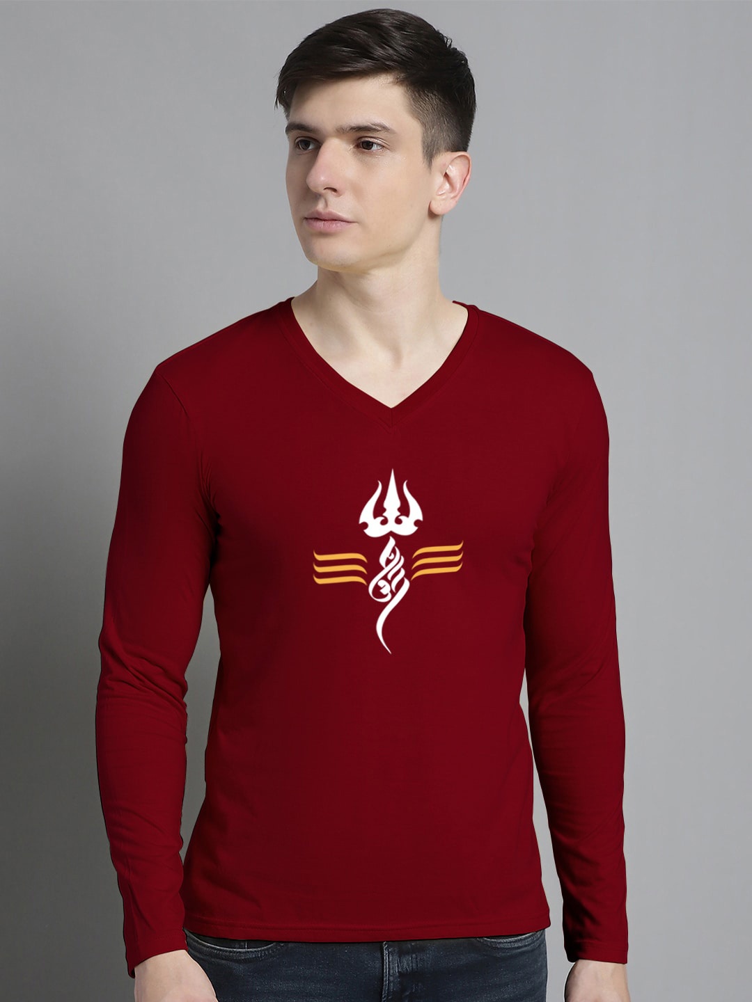 

FBAR Graphic Printed V-Neck Slim Fit Cotton T-shirt, Maroon