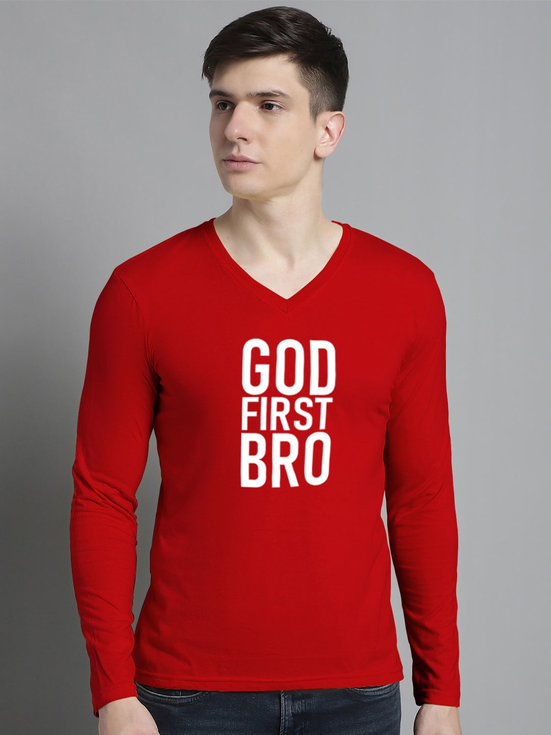 

FBAR Typography Printed V-Neck Cotton Slim Fit T-shirt, Red