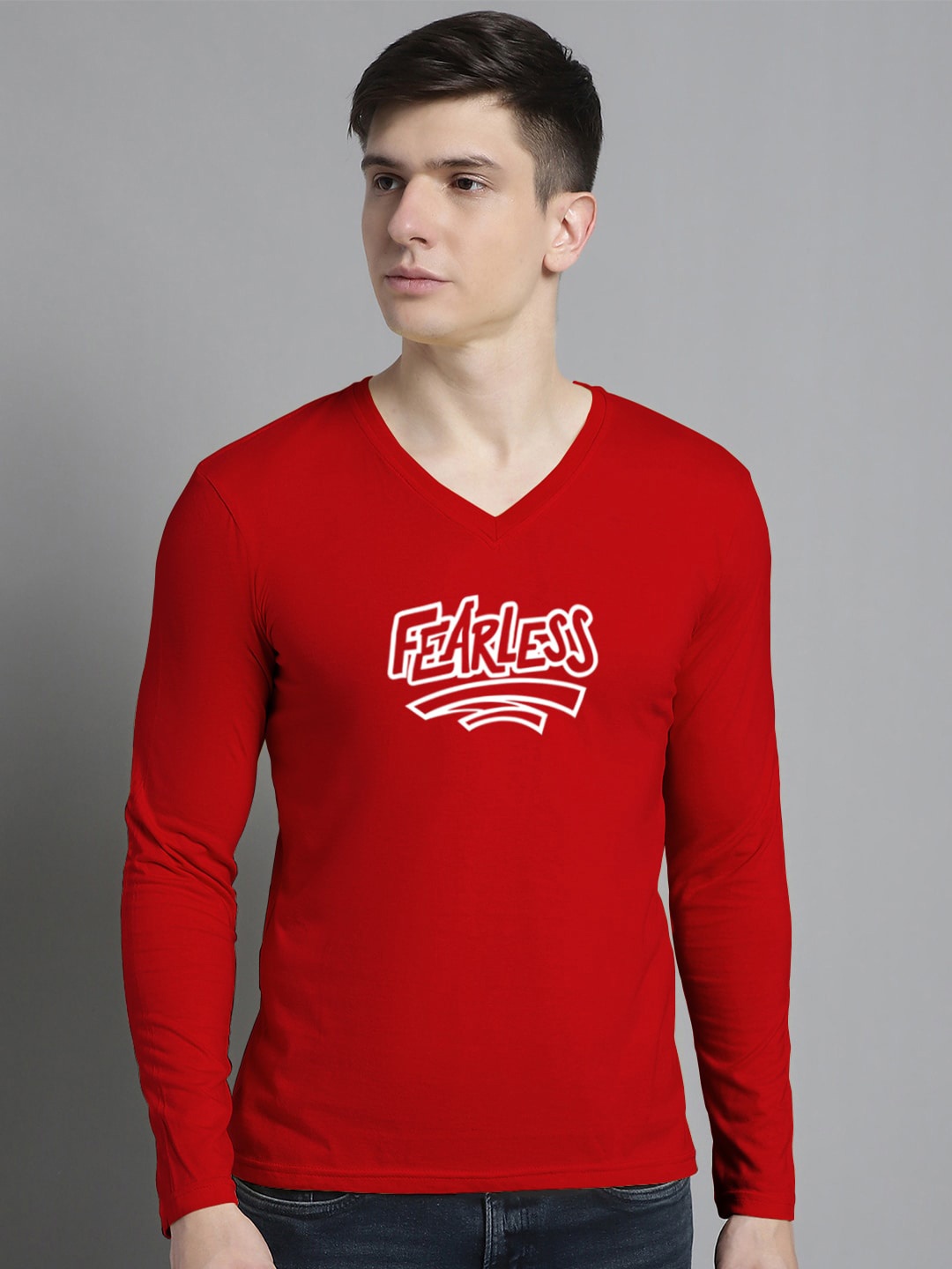 FBAR Typography Printed V-Neck Slim Fit Cotton T-shirt, Red