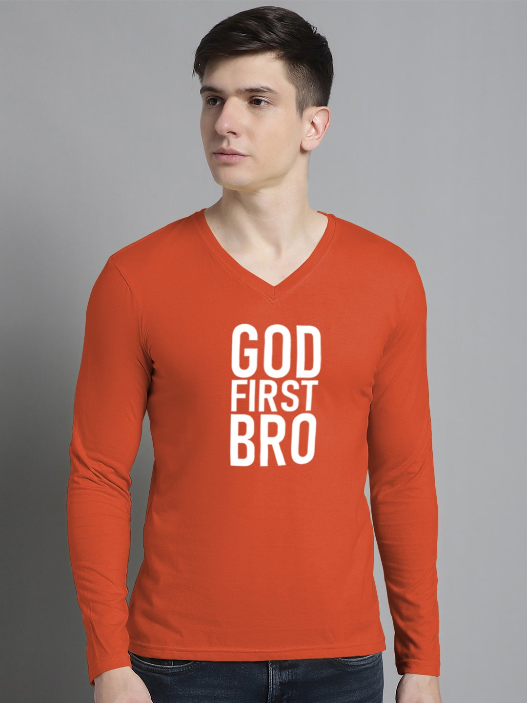 FBAR Typography Printed V-Neck Cotton Slim Fit T-shirt, Orange