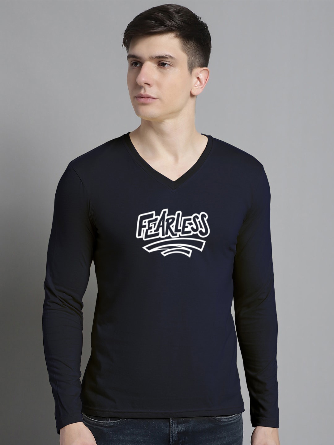 

FBAR Typography Printed V-Neck Full Sleeve Cotton Slim Fit T-shirt, Navy blue