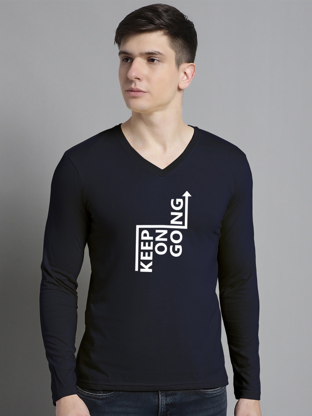 

FBAR Typography Printed V-Neck Cotton Slim Fit T-shirt, Navy blue