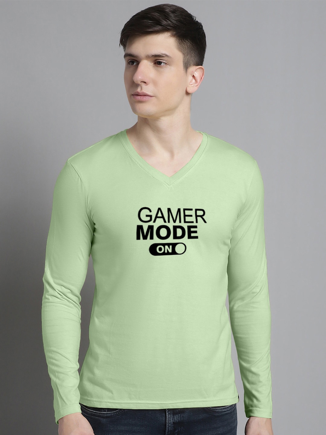

FBAR Typography Printed V-Neck Slim Fit Cotton T-shirt, Sea green