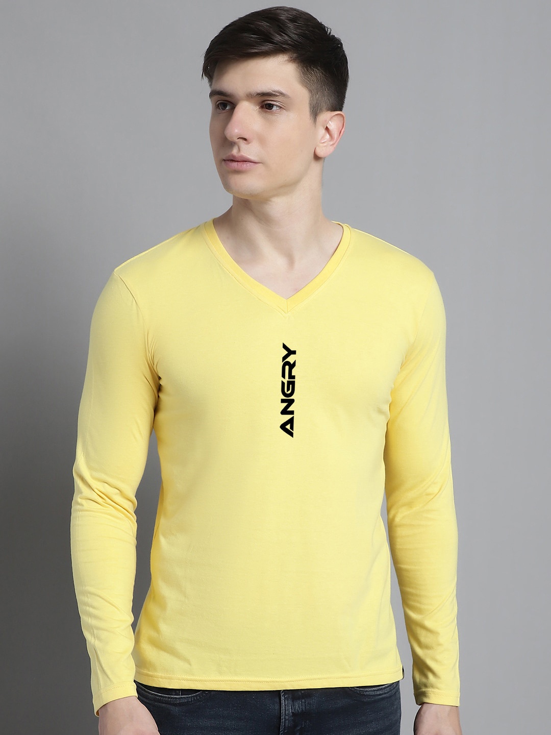 

FBAR Typography Printed V-Neck Full Sleeve Cotton Slim Fit T-shirt, Yellow