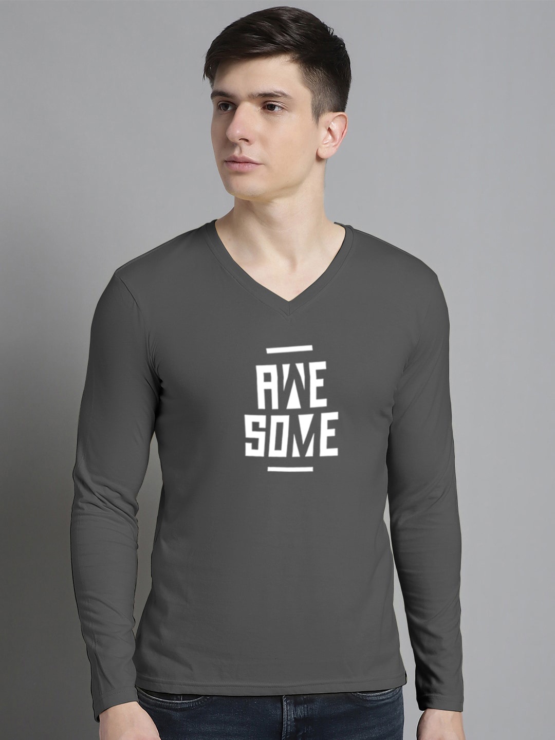 FBAR Typography Printed Round Neck Cotton Regular T-shirt, Grey