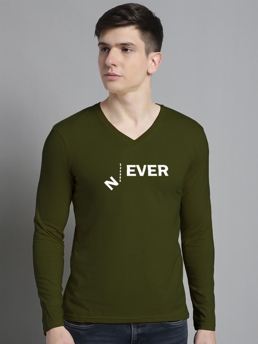 

FBAR Typography Printed V-Neck Cotton Slim Fit T-shirt, Olive