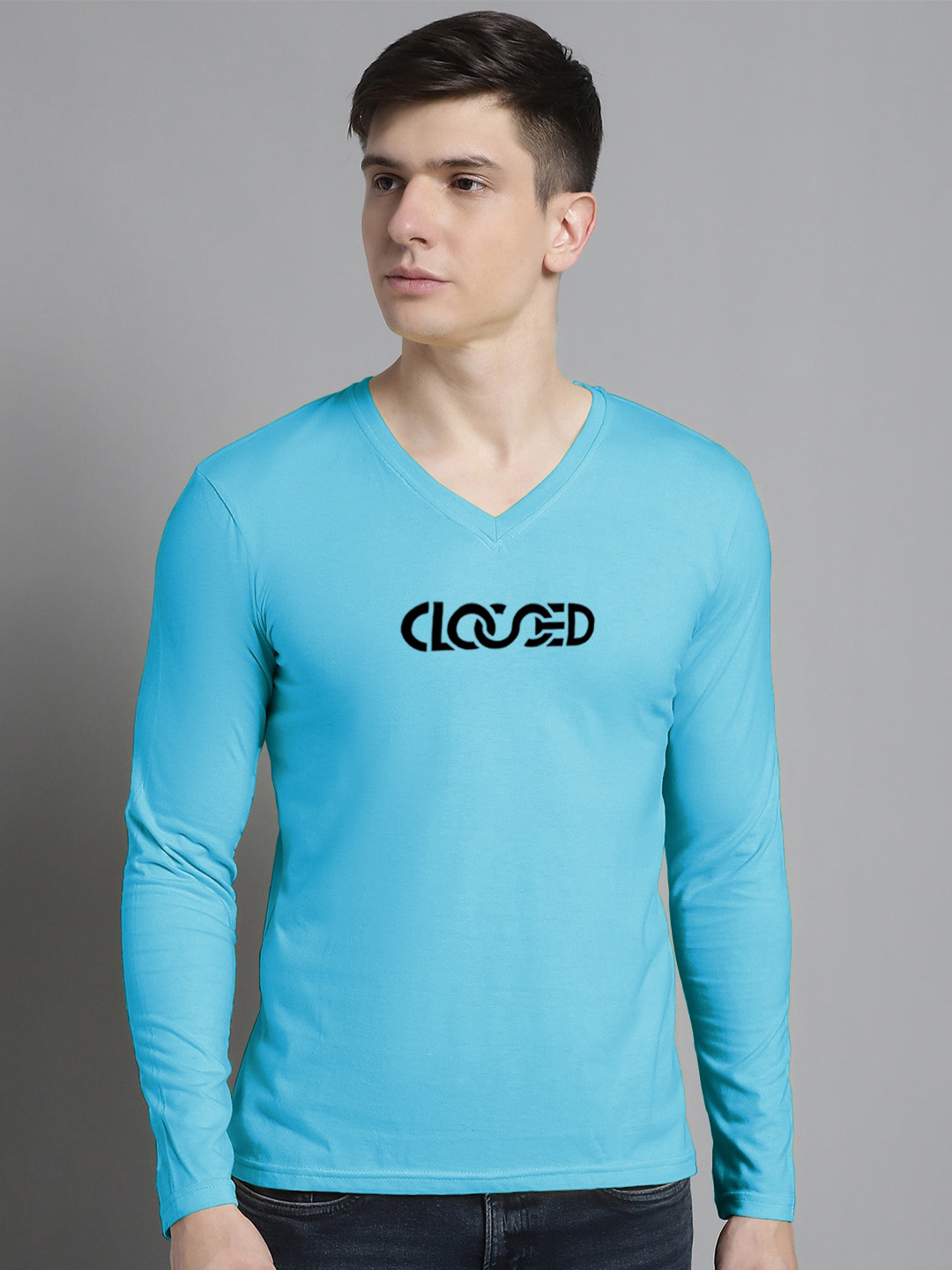

FBAR Typography Printed V-Neck Full Sleeve Cotton Slim Fit T-shirt, Turquoise blue