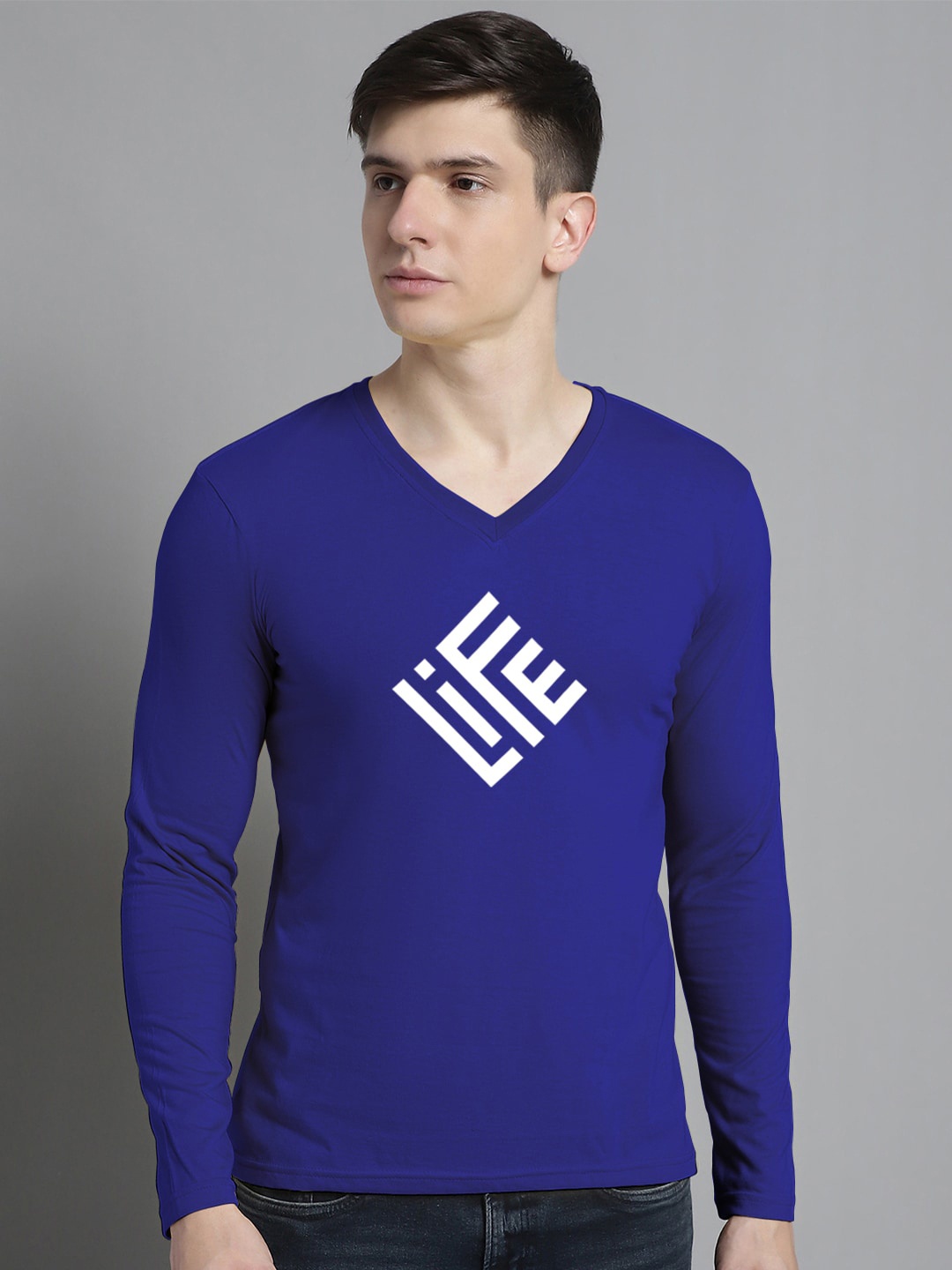 

FBAR Typography Printed V-Neck Cotton Slim Fit T-shirt, Blue
