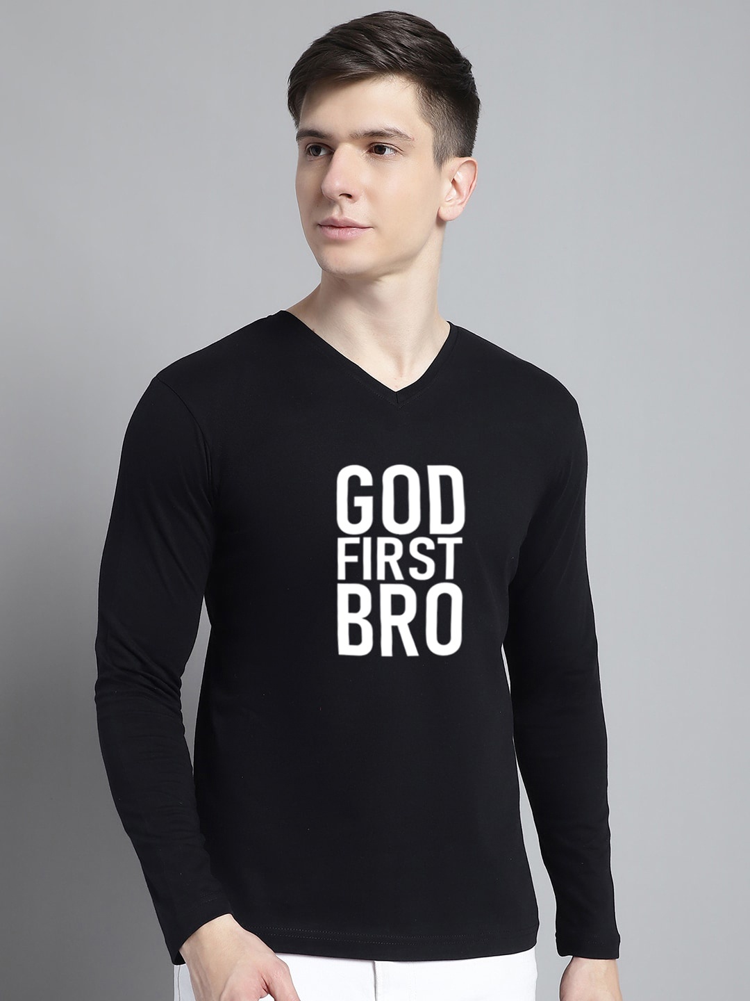 

FBAR Typography Printed V-Neck Cotton Slim Fit T-shirt, Black