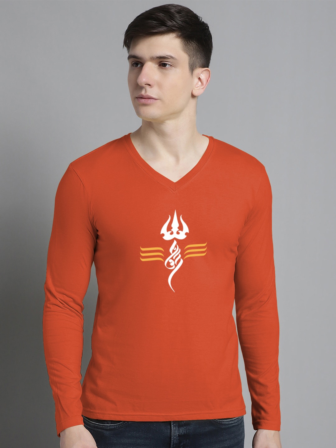 

FBAR Graphic Printed V-Neck Cotton Slim Fit T-shirt, Orange