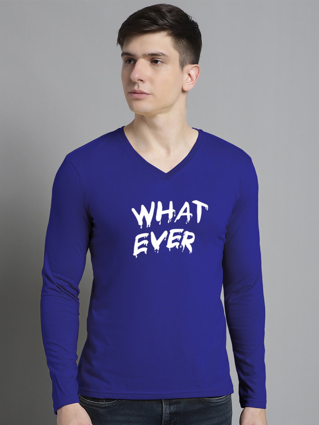 FBAR Typography Printed V-Neck Cotton Slim Fit T-shirt, Blue