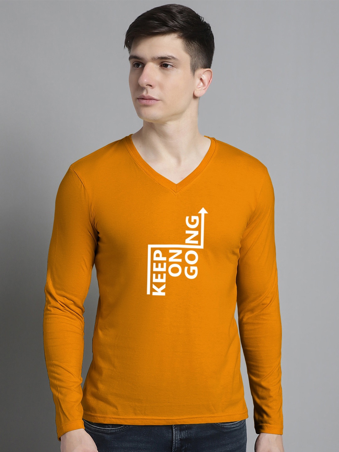 

FBAR Typography Printed V-Neck Cotton Slim Fit T-shirt, Mustard