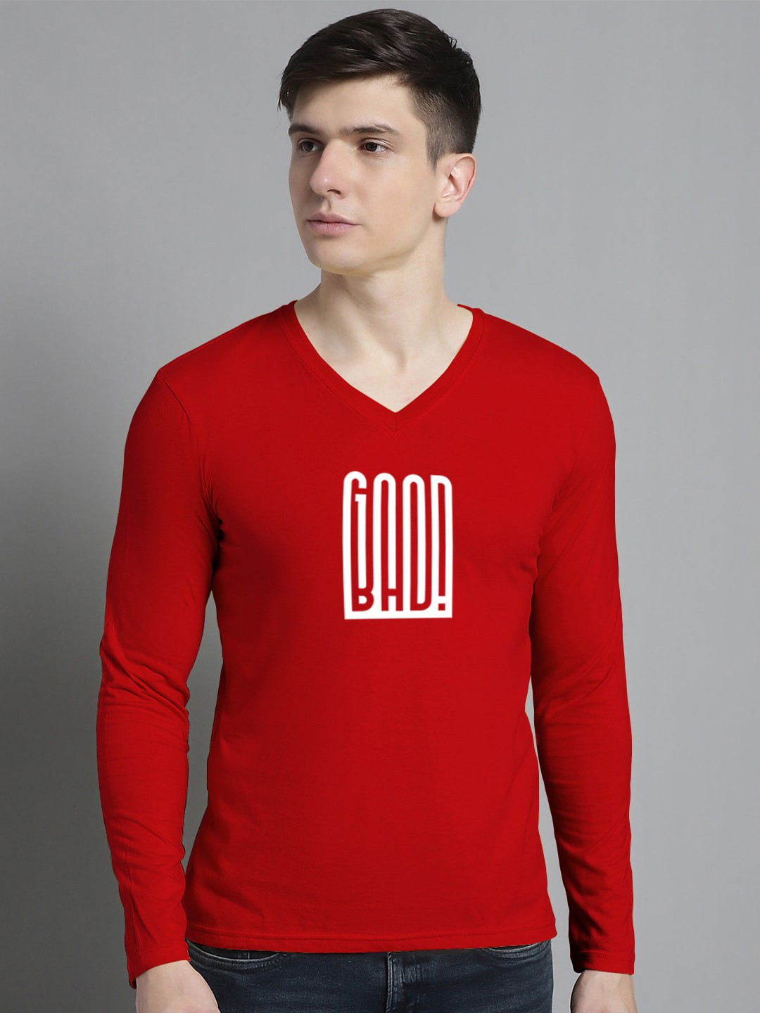 

FBAR Typography Printed V-Neck Full Sleeve Cotton Slim Fit T-shirt, Red