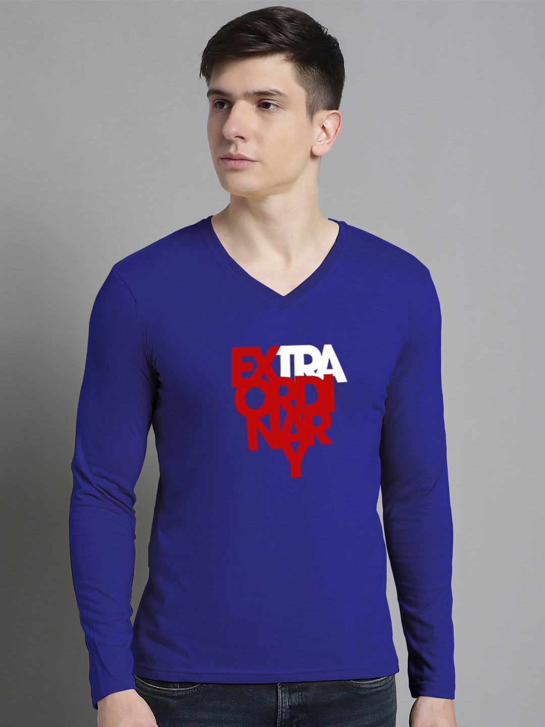 

FBAR Typography Printed V-Neck Full Sleeve Cotton Slim Fit T-shirt, Blue