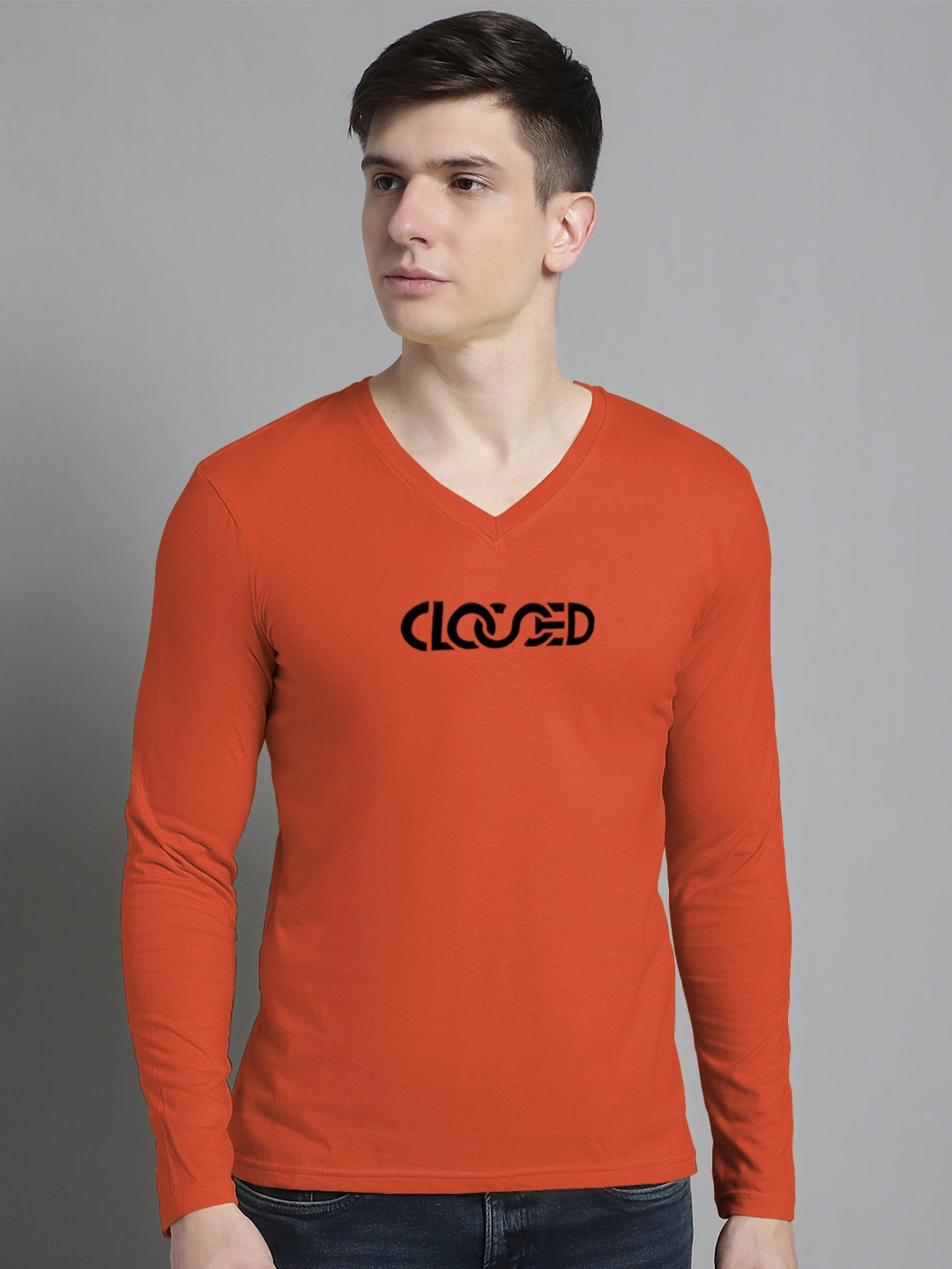 

FBAR Typography Printed V-Neck Full Sleeve Cotton Slim Fit T-shirt, Orange