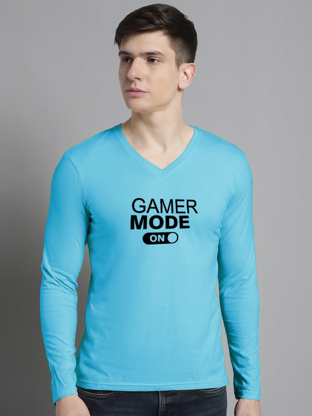 

FBAR Typography Printed V-Neck Slim Fit Cotton T-shirt, Turquoise blue